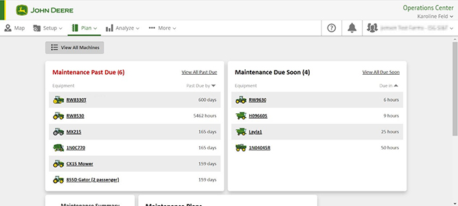 Maintenance in John Deere Operations Center web helps you manage maintenance for your equipment