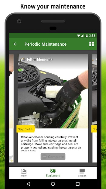 MowerPlus app maintenance screen