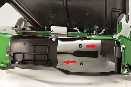 Rear MulchControl baffle (A) that must be removed for bagging